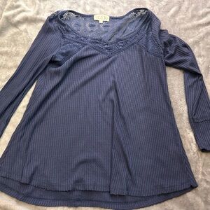 Pink Rose Navy Long Sleeve Top with Lace